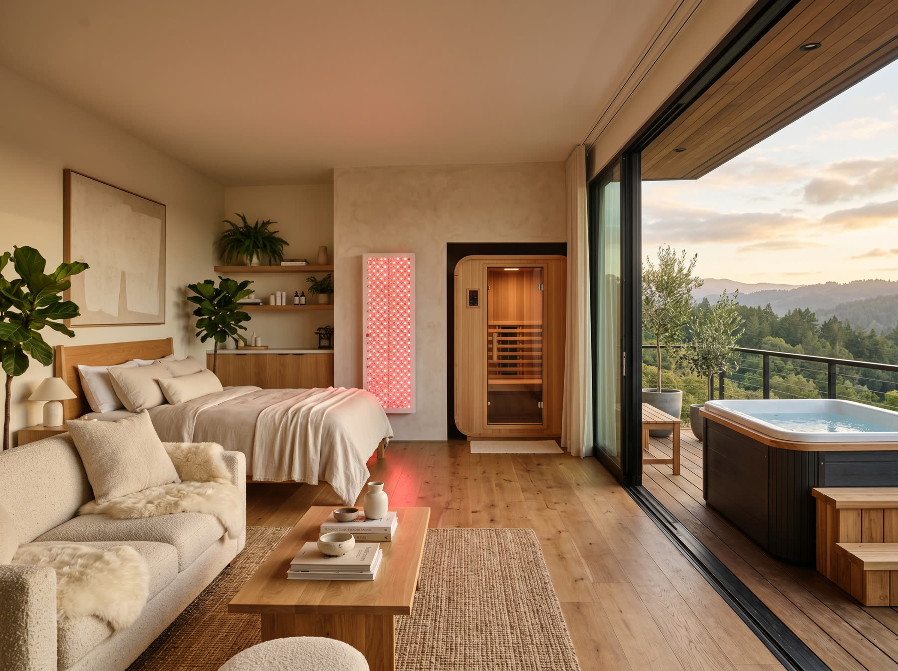 Airbnb wellness bedroom with sauna, red light panel, and outdoor plunge