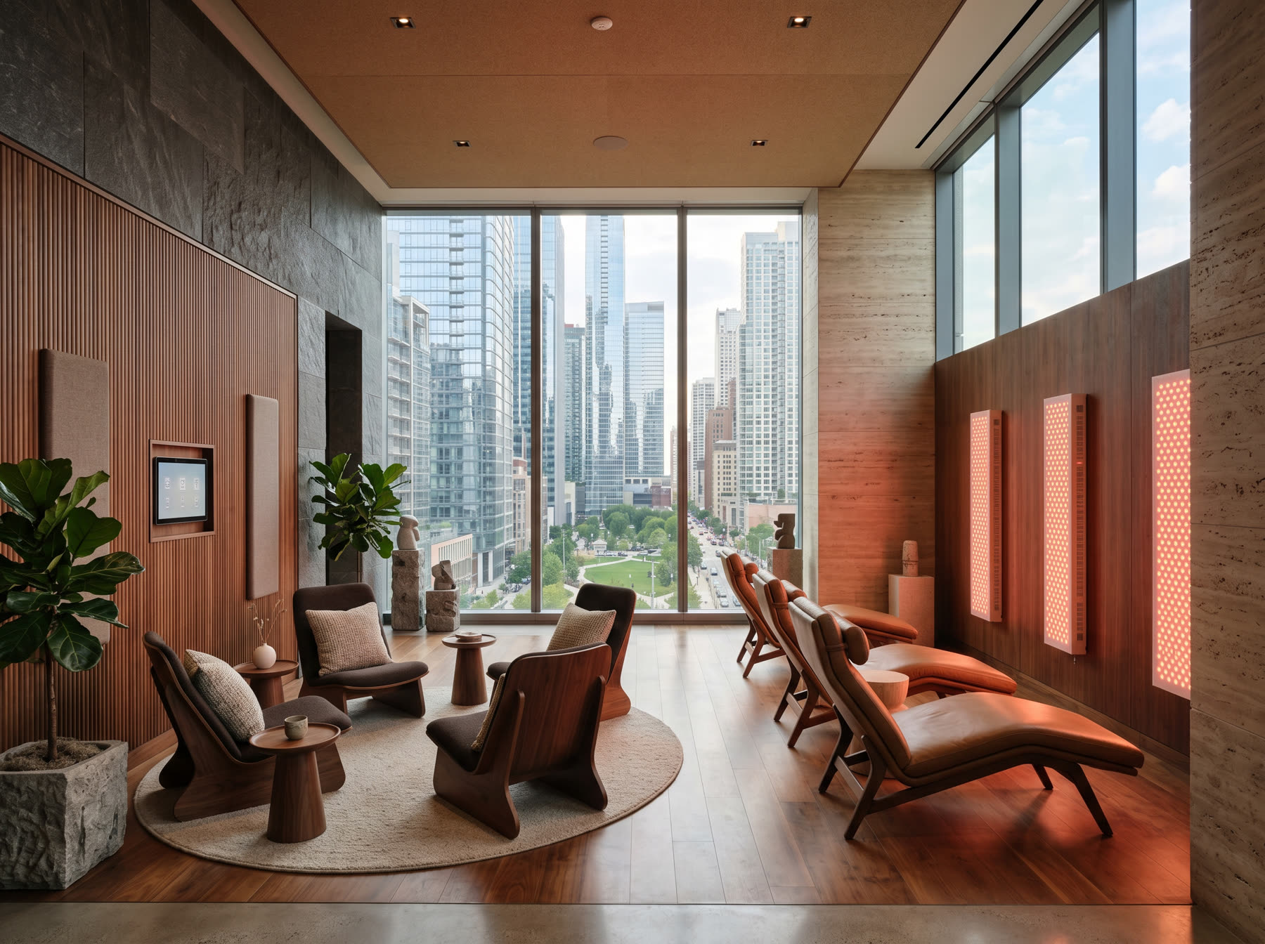 Apartment amenity wellness lounge with red light panels and recovery chairs