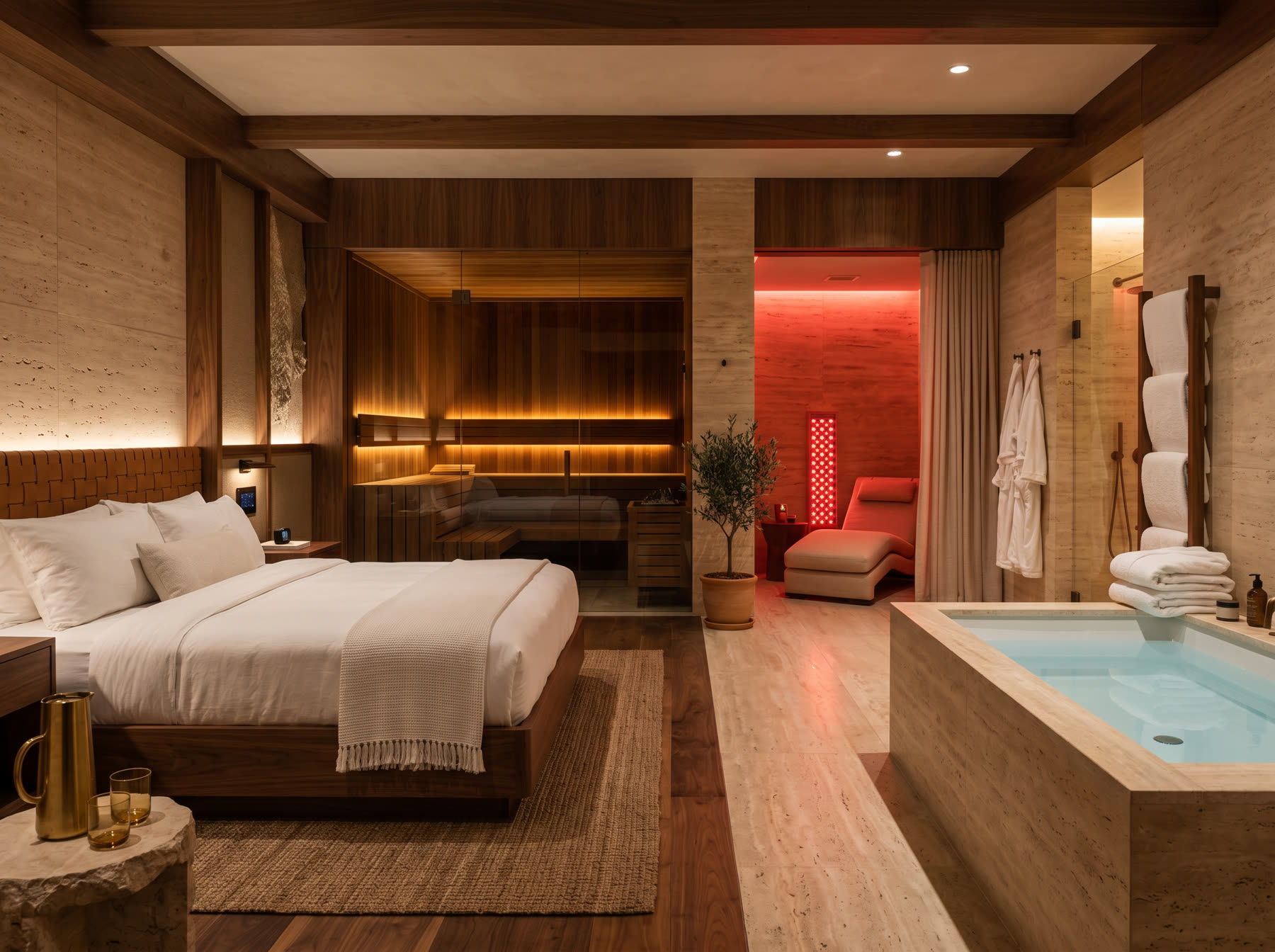 Hotel wellness guest suite with sauna, plunge, red light chair, and luxury bedroom