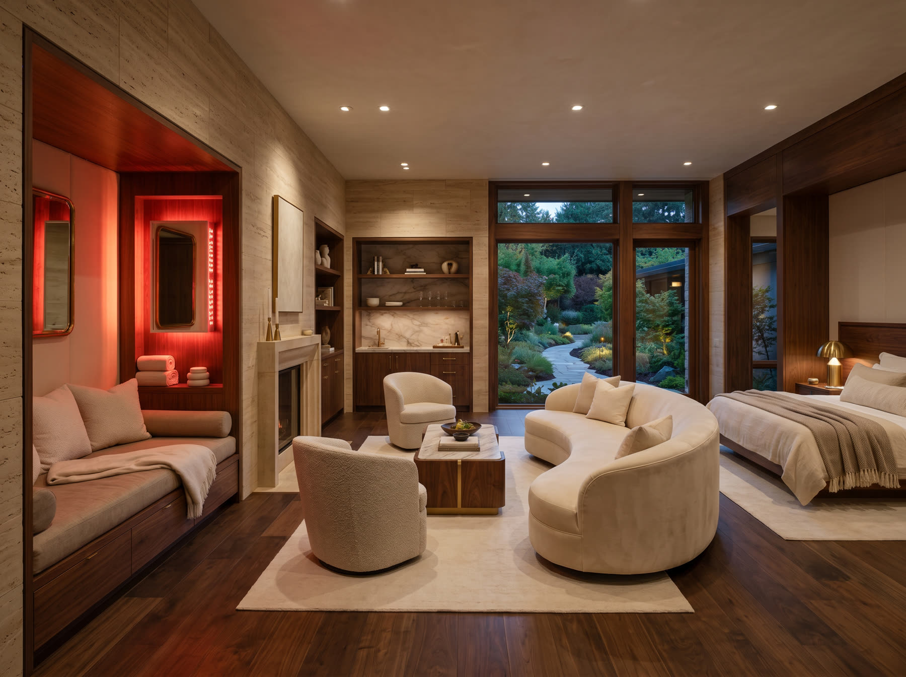 Luxury private owner suite with red light nook and wellness living area