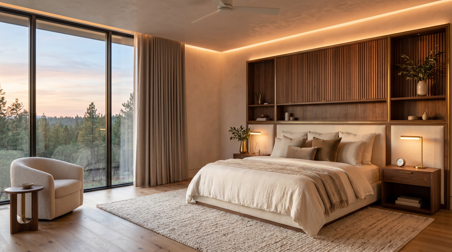 Luxury bedroom with circadian lighting and warm walnut millwork