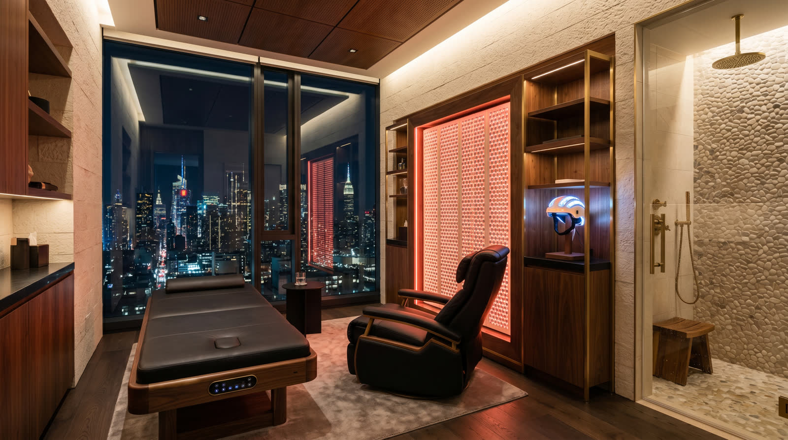 Luxury condo biohacking studio with city view and recovery equipment