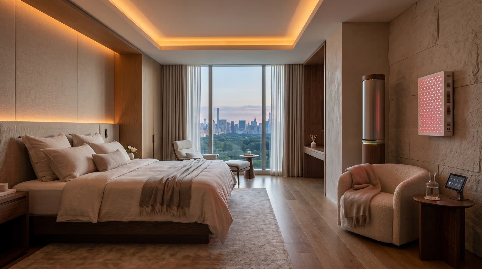 Luxury hotel biohacking suite with red light panel and air purification