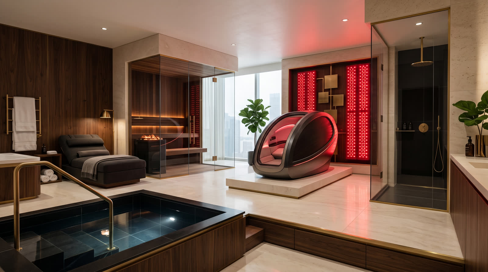 Hotel wellness room with premium equipment and luxury finishes