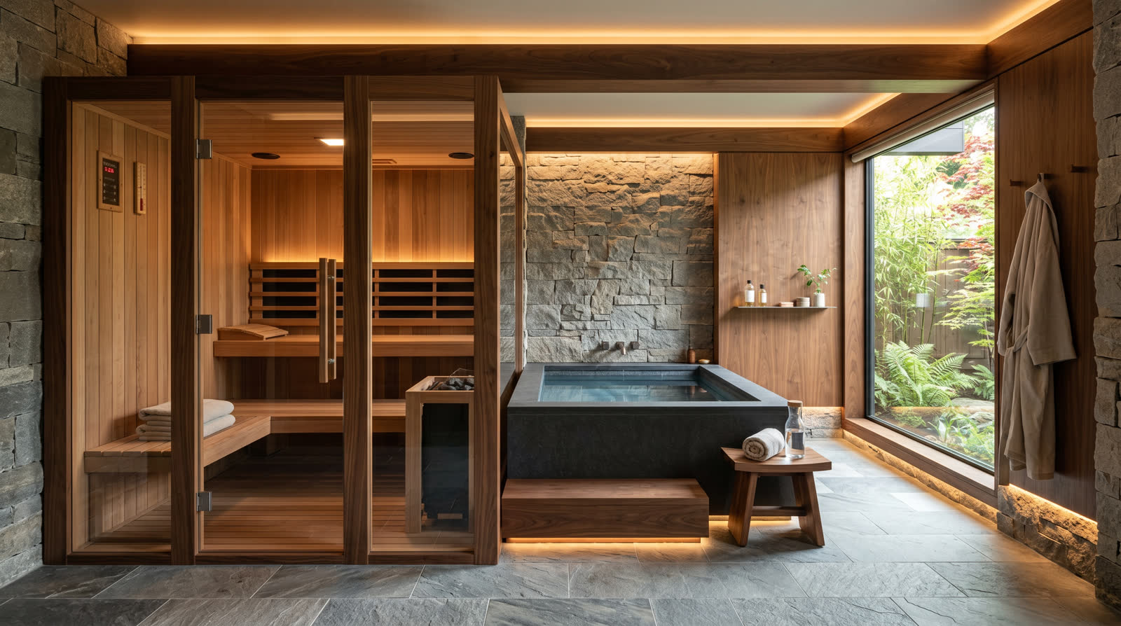 Luxury sauna suite with cold plunge, glass sauna, stone, cedar, and garden view