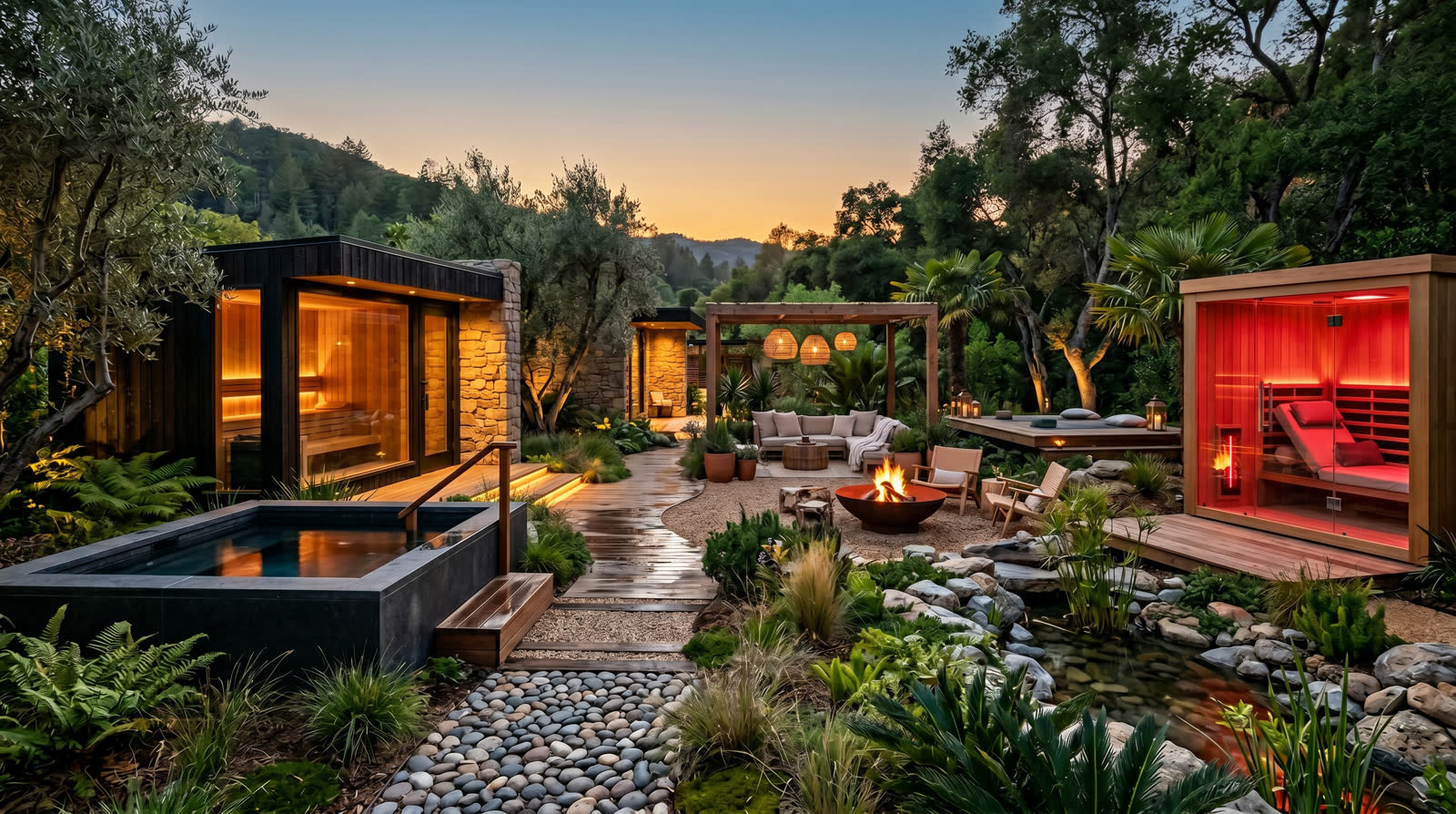 Outdoor hotel biohacking playground with sauna, plunge, fire, and red light cabana