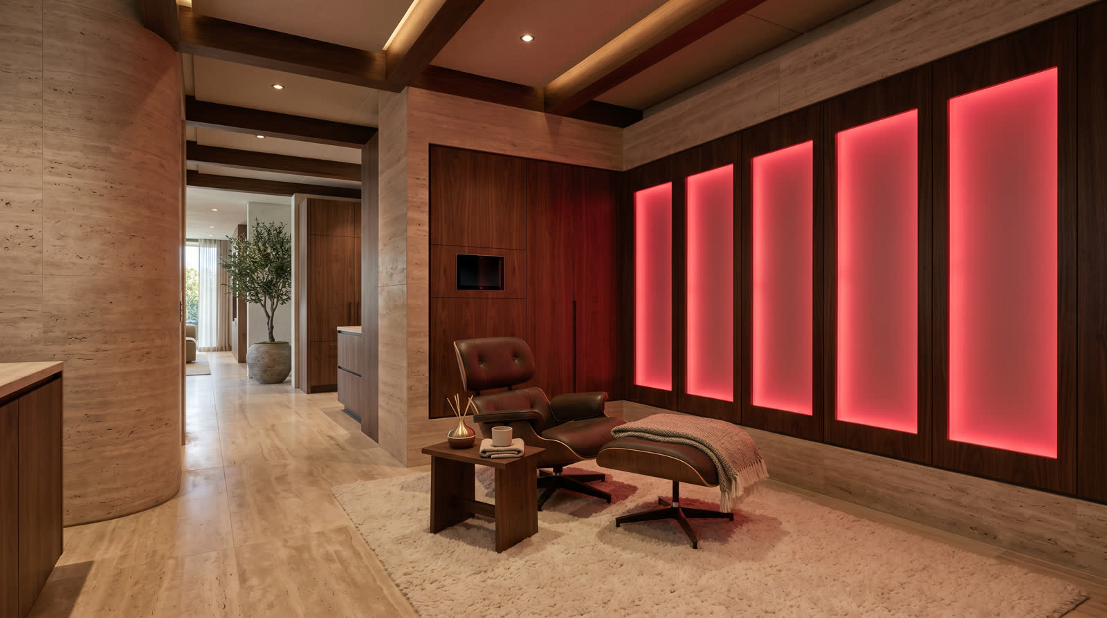 Luxury red light therapy recovery room with walnut and stone interior design
