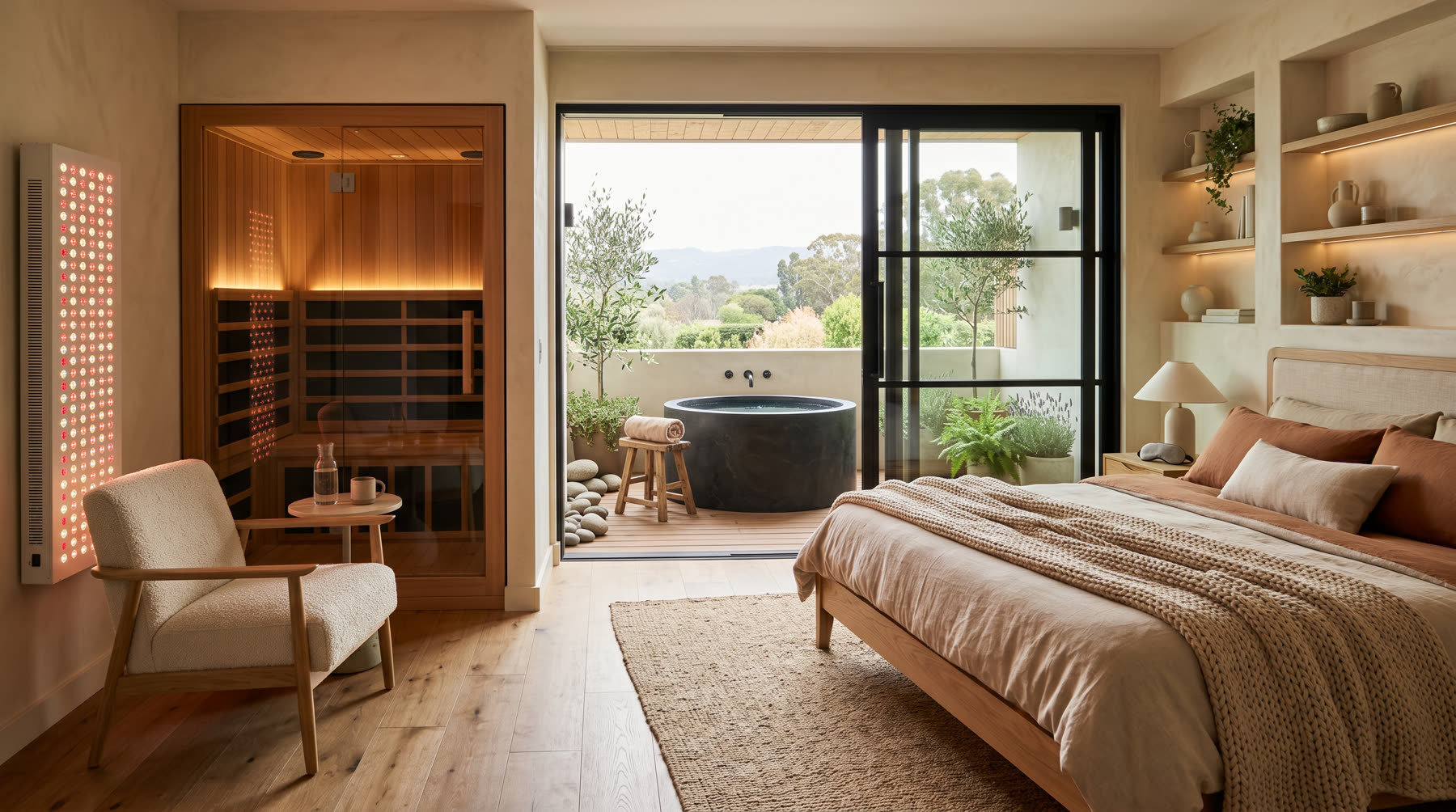 Premium Airbnb biohacking suite with red light, sauna, bedroom, and plunge terrace