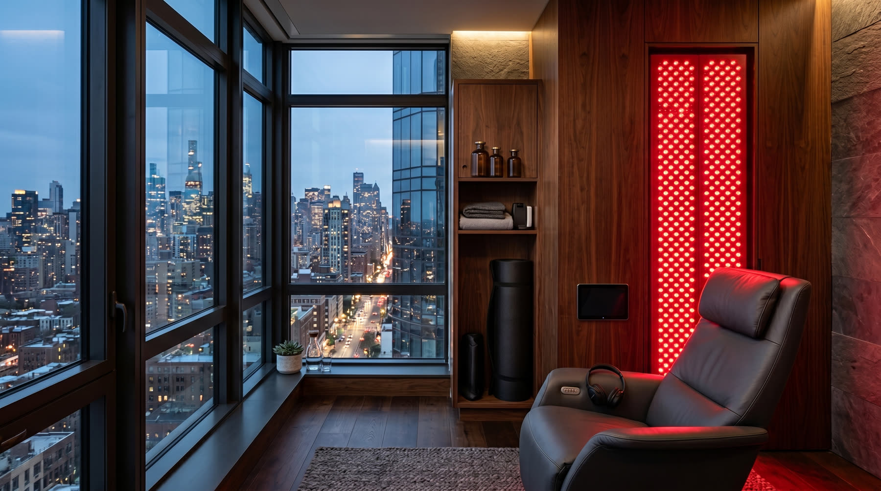 Luxury apartment biohacking corner with skyline view, red light wall, sound chair, and smart controls