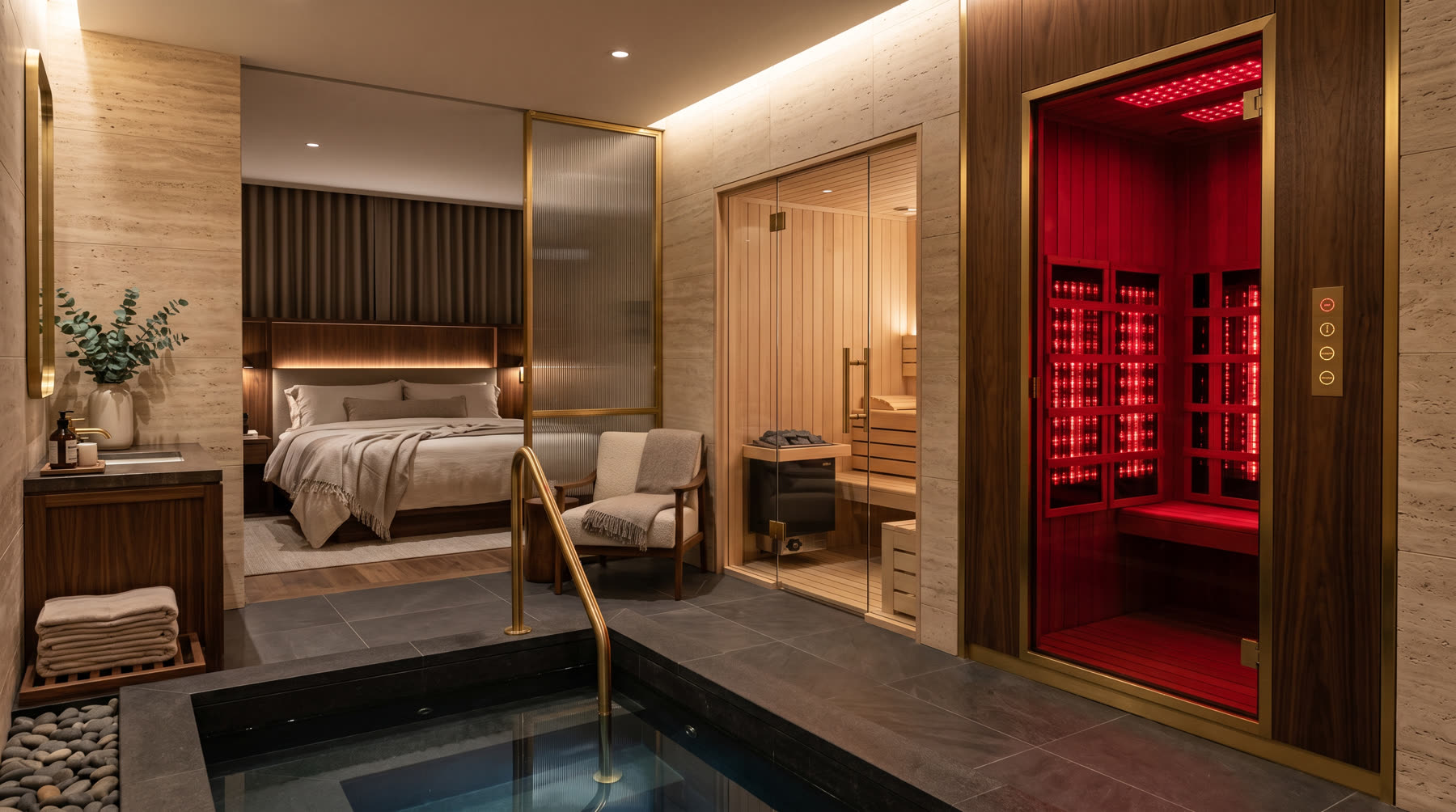 Boutique hotel wellness suite with red light sauna, cold plunge, and sleep suite