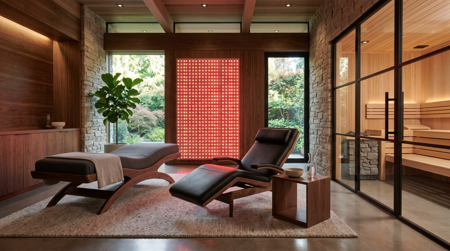 Luxury private residence biohacking studio with red light wall, sauna, and zero-gravity chair