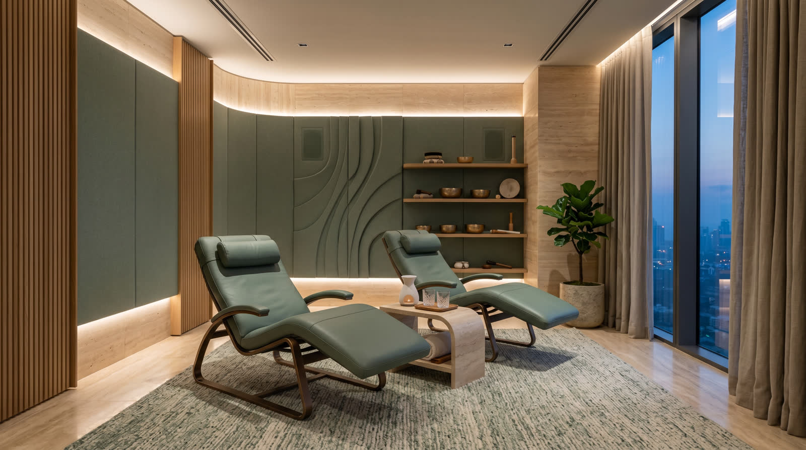 Luxury sound therapy room with zero gravity chairs and acoustic panels